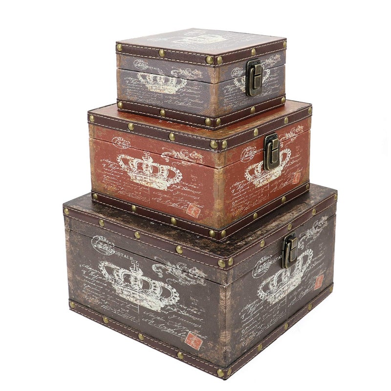 Jolitac Wood Storage Box Set of 3, Vintage Decorative Nesting Boxes Wooden Treasure Storage Crates With Latch, Home Decor Rustic Antique Boxes With Lid for Photos, Jewelry, Cash (Crown) - Image 1